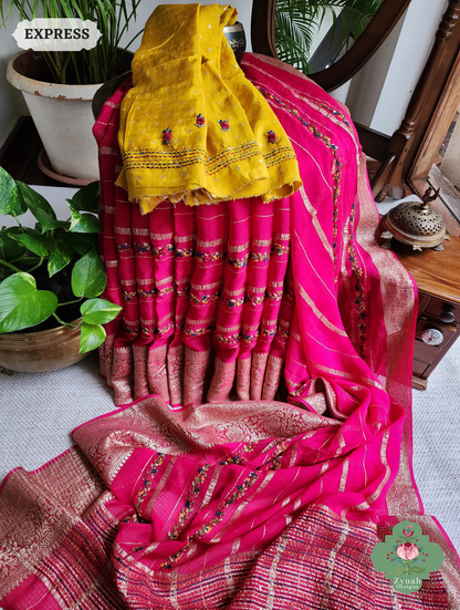 Hot Pink Organza Crepe Silk Saree With Zari Borders & Stripes & French Knot Hand Embroidery 6