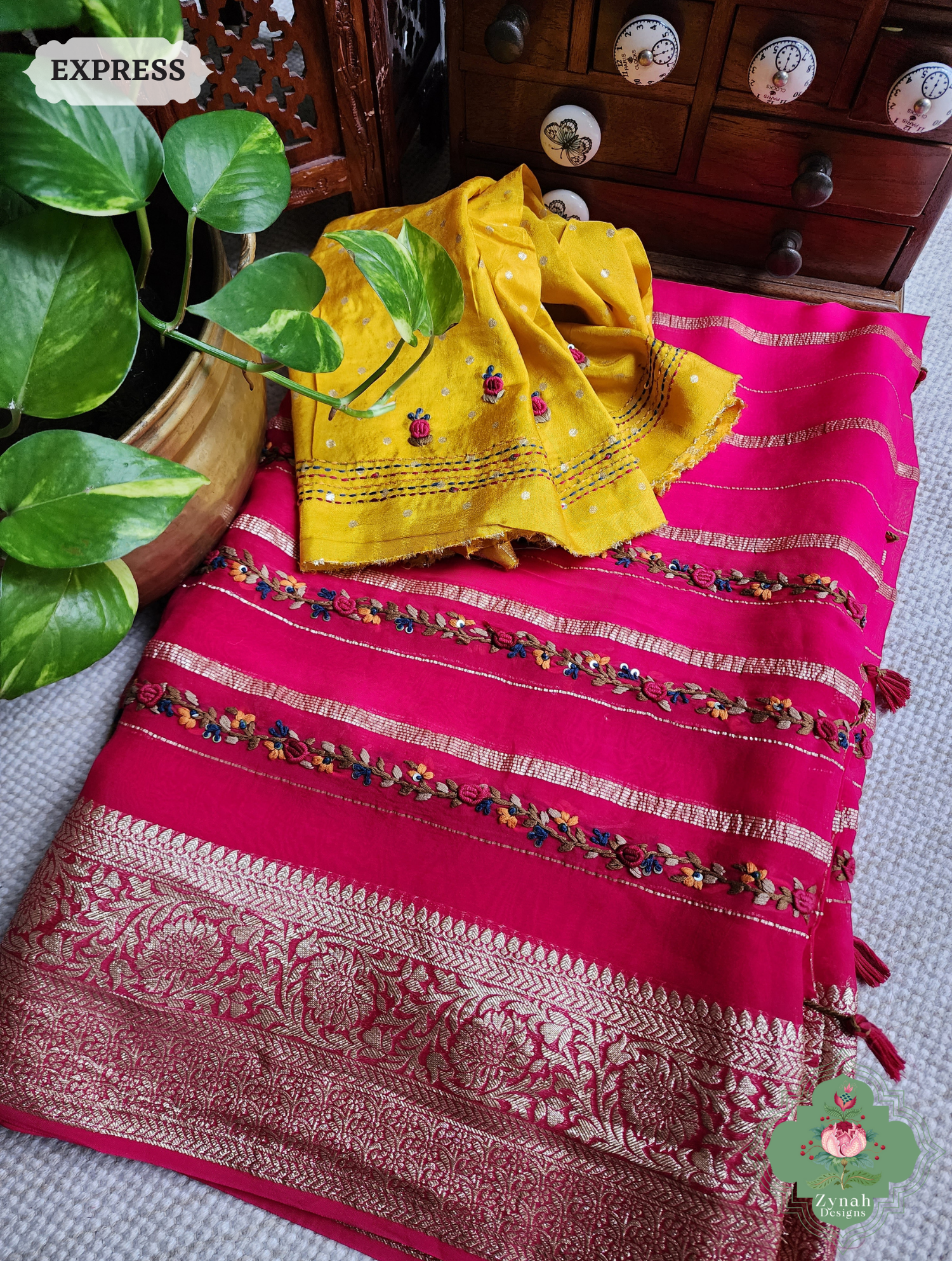 Hot Pink Organza Crepe Silk Saree With Zari Borders & Stripes & French Knot Hand Embroidery 7