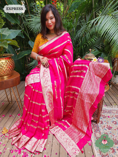 Hot Pink Organza Crepe Silk Saree With Zari Borders & Stripes & French Knot Hand Embroidery 1