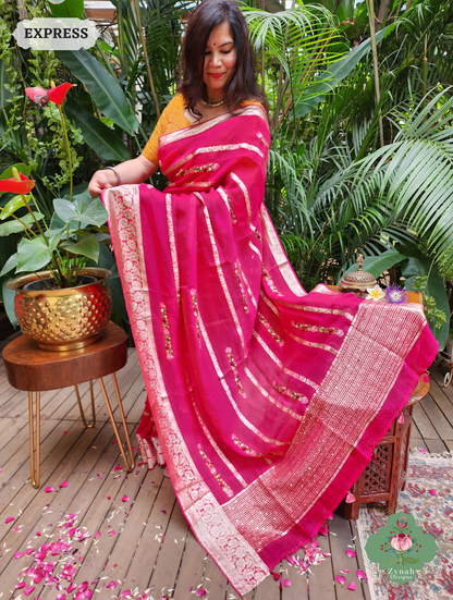 Hot Pink Organza Crepe Silk Saree With Zari Borders & Stripes & French Knot Hand Embroidery 5