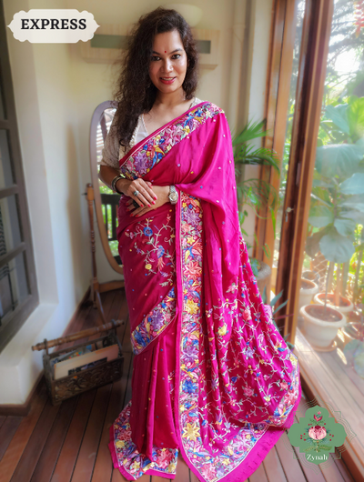 Hot Pink Pure Crepe Satin Silk Parsi Gara Saree: Vintage charm with Designer Gara Jaal Embroidery, a cultural masterpiece.