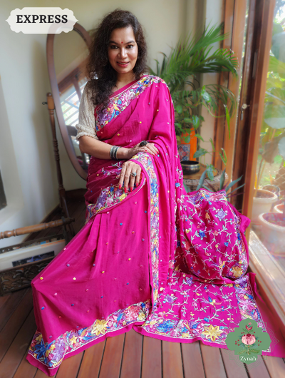 Zynah Hot Pink Pure Crepe Parsi Gara Saree With Designer Gara Jaal Embroidery on Pallu; Custom Stitched/Ready-made Blouse, Fall, Petticoat; SKU: 0106202302