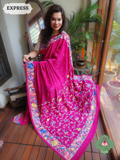 Zynah Hot Pink Pure Crepe Parsi Gara Saree With Designer Gara Jaal Embroidery on Pallu; Custom Stitched/Ready-made Blouse, Fall, Petticoat; SKU: 0106202302