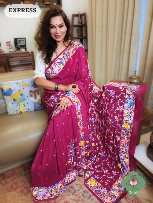 Zynah Hot Pink Pure Crepe Parsi Gara Saree With Designer Gara Jaal Embroidery on Pallu; Custom Stitched/Ready-made Blouse, Fall, Petticoat; SKU: 0106202302