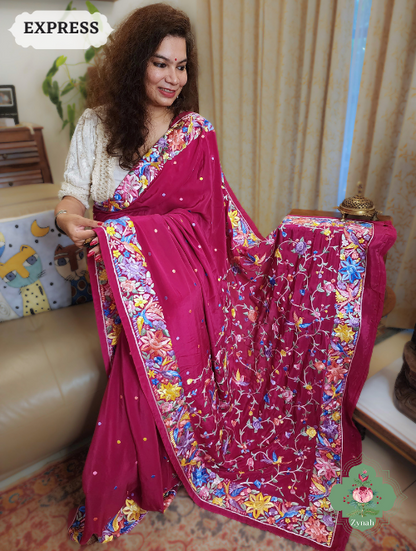 Zynah Hot Pink Pure Crepe Parsi Gara Saree With Designer Gara Jaal Embroidery on Pallu; Custom Stitched/Ready-made Blouse, Fall, Petticoat; SKU: 0106202302