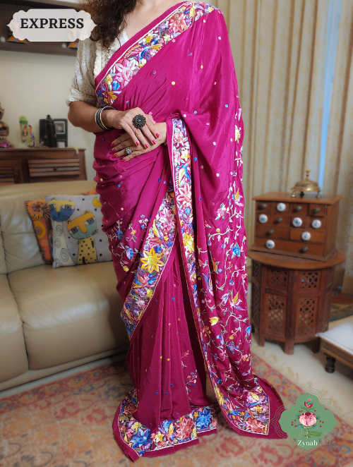Zynah Hot Pink Pure Crepe Parsi Gara Saree With Designer Gara Jaal Embroidery on Pallu; Custom Stitched/Ready-made Blouse, Fall, Petticoat; SKU: 0106202302