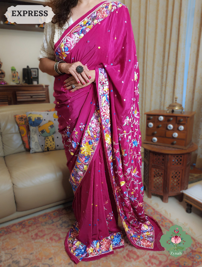 Zynah Hot Pink Pure Crepe Parsi Gara Saree With Designer Gara Jaal Embroidery on Pallu; Custom Stitched/Ready-made Blouse, Fall, Petticoat; SKU: 0106202302