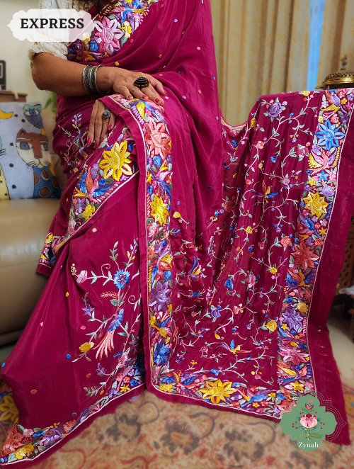 Zynah Hot Pink Pure Crepe Parsi Gara Saree With Designer Gara Jaal Embroidery on Pallu; Custom Stitched/Ready-made Blouse, Fall, Petticoat; SKU: 0106202302
