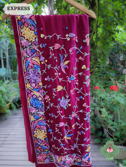 Zynah Hot Pink Pure Crepe Parsi Gara Saree With Designer Gara Jaal Embroidery on Pallu; Custom Stitched/Ready-made Blouse, Fall, Petticoat; SKU: 0106202302