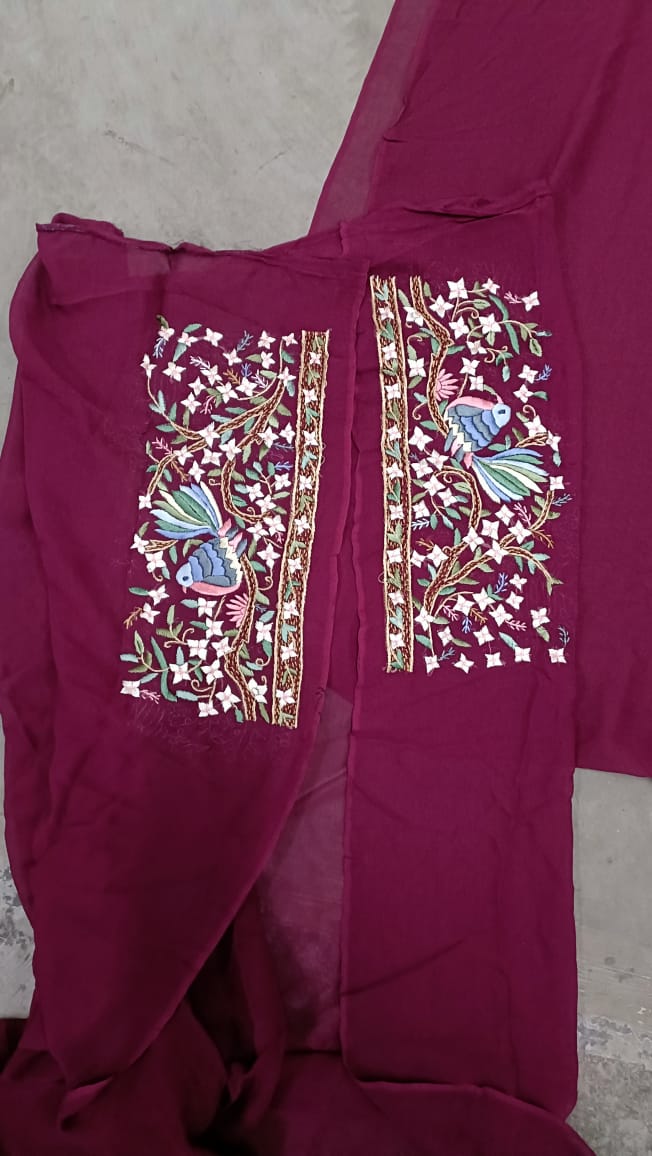 Zynah Made To Order Wine Pure Georgette Silk Parsi Gara Saree With All Over Jaal Parsi Embroidery; Custom Stitched/Ready-made Blouse, Fall, Petticoat; SKU: 0606202301