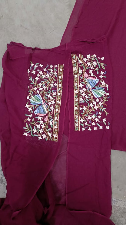 Zynah Made To Order Wine Pure Georgette Silk Parsi Gara Saree With All Over Jaal Parsi Embroidery; Custom Stitched/Ready-made Blouse, Fall, Petticoat; SKU: 0606202301
