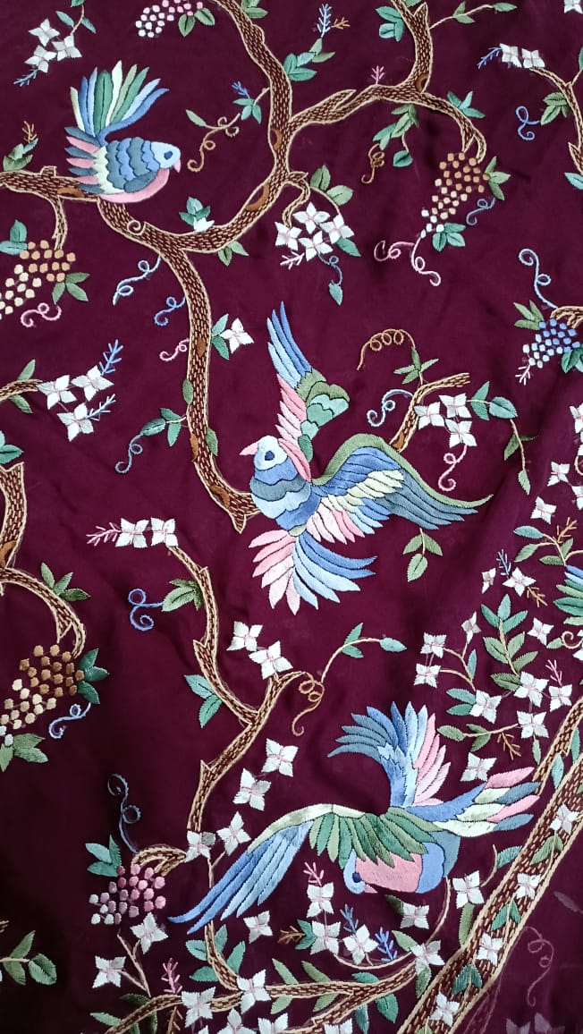 Zynah Made To Order Wine Pure Georgette Silk Parsi Gara Saree With All Over Jaal Parsi Embroidery; Custom Stitched/Ready-made Blouse, Fall, Petticoat; SKU: 0606202301