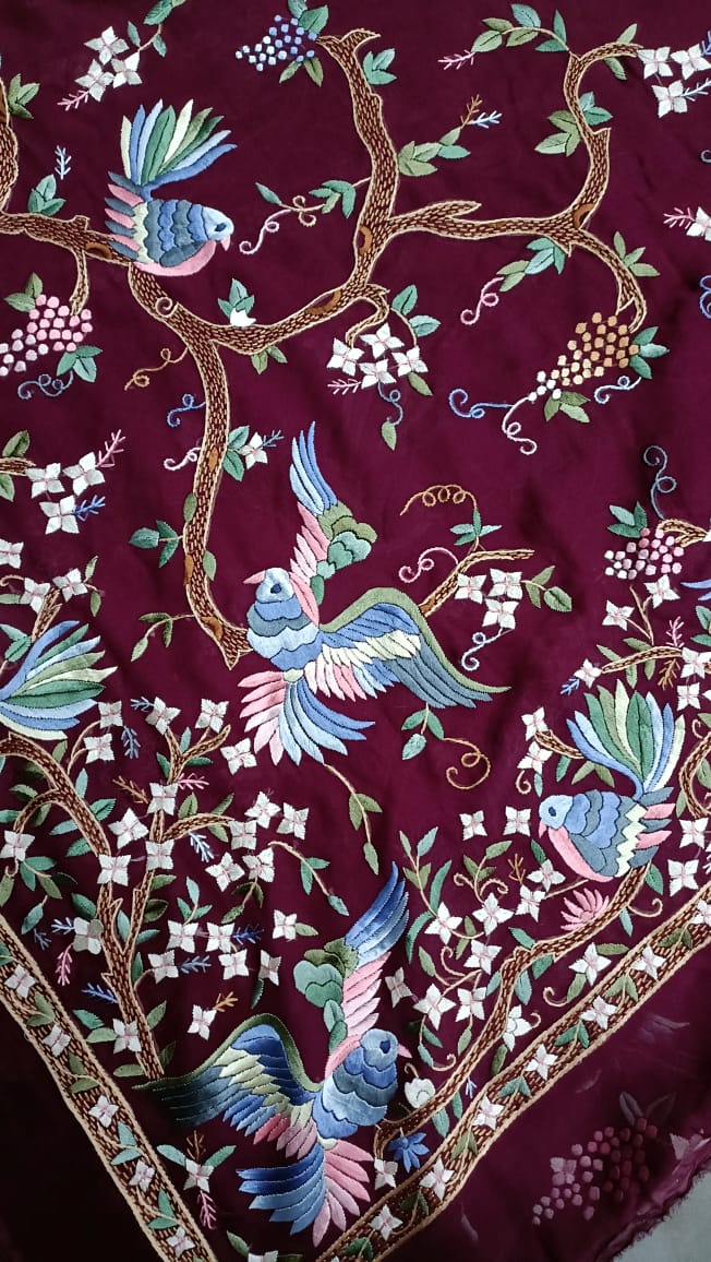 Zynah Made To Order Wine Pure Georgette Silk Parsi Gara Saree With All Over Jaal Parsi Embroidery; Custom Stitched/Ready-made Blouse, Fall, Petticoat; SKU: 0606202301