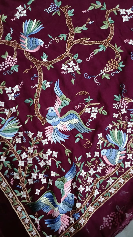 Zynah Made To Order Wine Pure Georgette Silk Parsi Gara Saree With All Over Jaal Parsi Embroidery; Custom Stitched/Ready-made Blouse, Fall, Petticoat; SKU: 0606202301