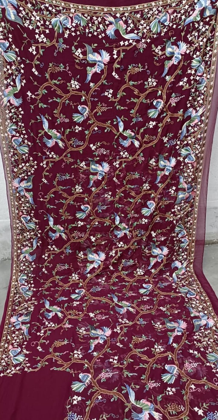 Zynah Made To Order Wine Pure Georgette Silk Parsi Gara Saree With All Over Jaal Parsi Embroidery; Custom Stitched/Ready-made Blouse, Fall, Petticoat; SKU: 0606202301