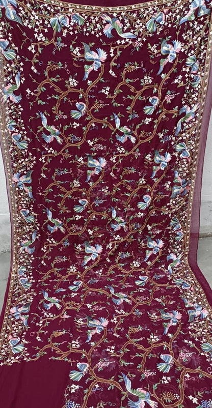 Zynah Made To Order Wine Pure Georgette Silk Parsi Gara Saree With All Over Jaal Parsi Embroidery; Custom Stitched/Ready-made Blouse, Fall, Petticoat; SKU: 0606202301