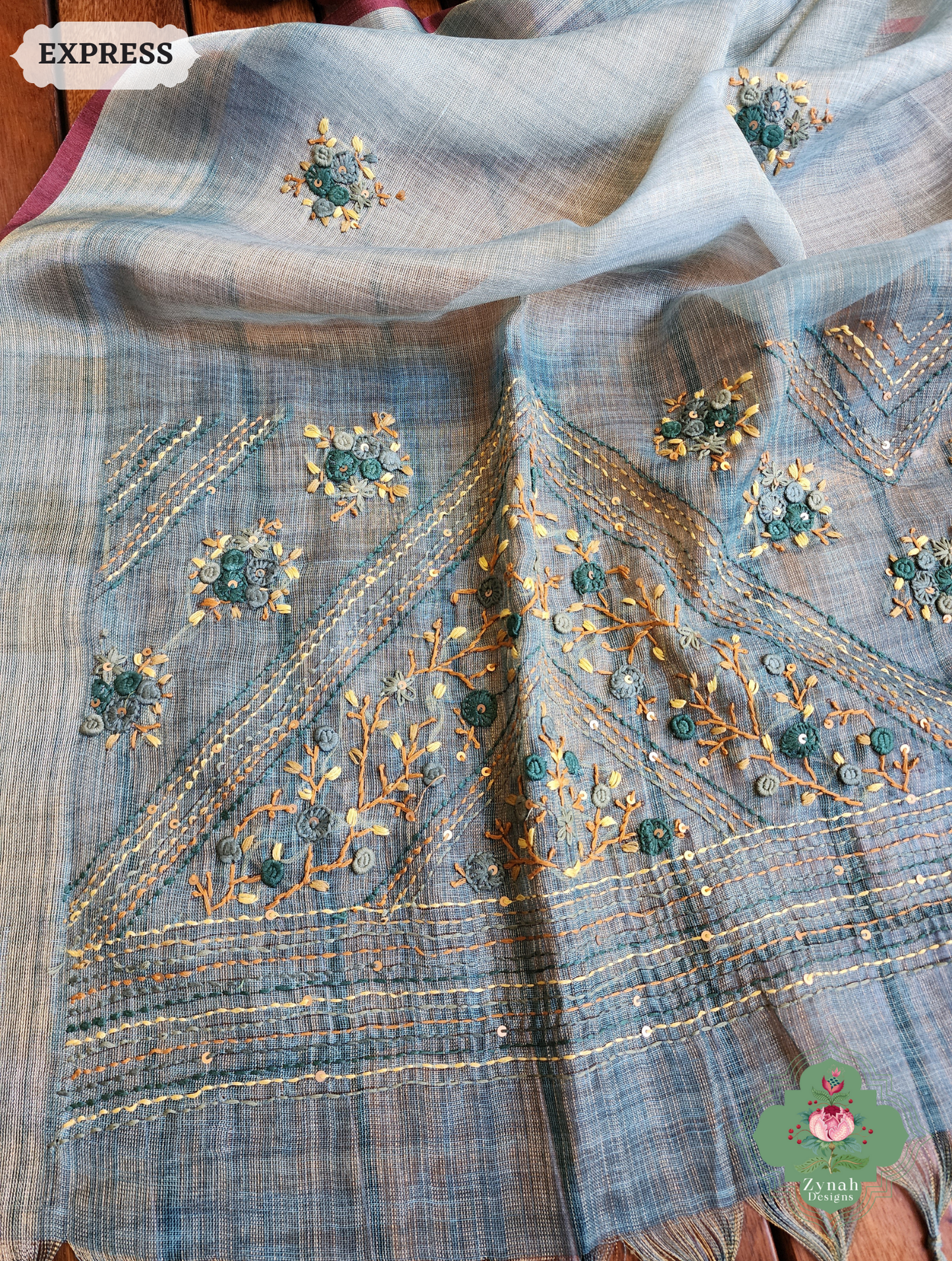 Zynah Ice Blue Linen Tissue Saree Adorned With French-knot & Kantha Hand Embroidery; Custom Stitched/Ready-made Blouse, Fall, Petticoat; SKU: 1903202503
