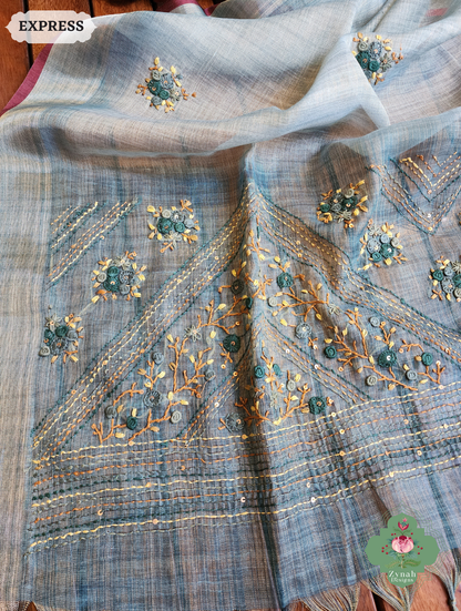 Zynah Ice Blue Linen Tissue Saree Adorned With French-knot & Kantha Hand Embroidery; Custom Stitched/Ready-made Blouse, Fall, Petticoat; SKU: 1903202503