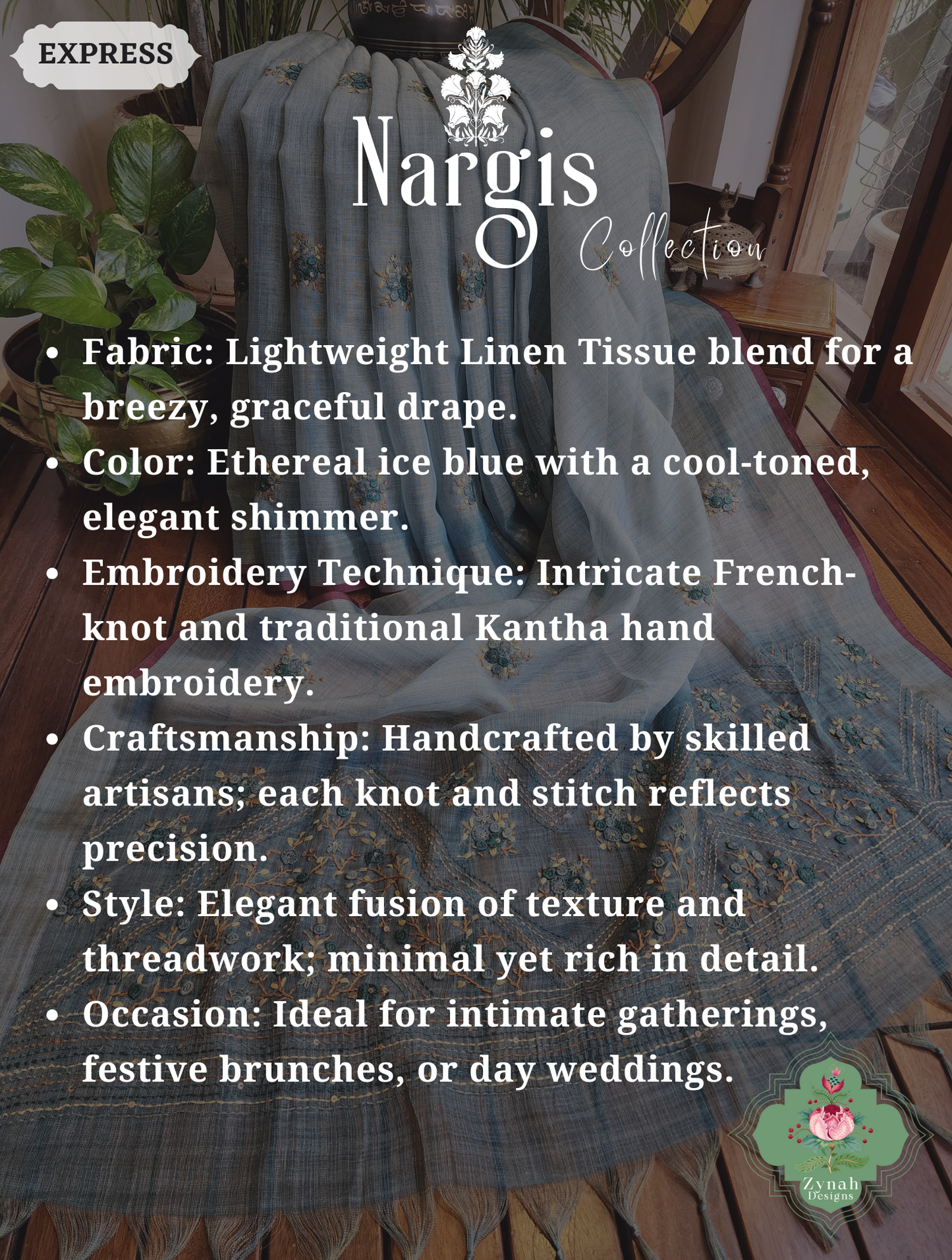 Zynah Ice Blue Linen Tissue Saree Adorned With French-knot & Kantha Hand Embroidery; Custom Stitched/Ready-made Blouse, Fall, Petticoat; SKU: 1903202503