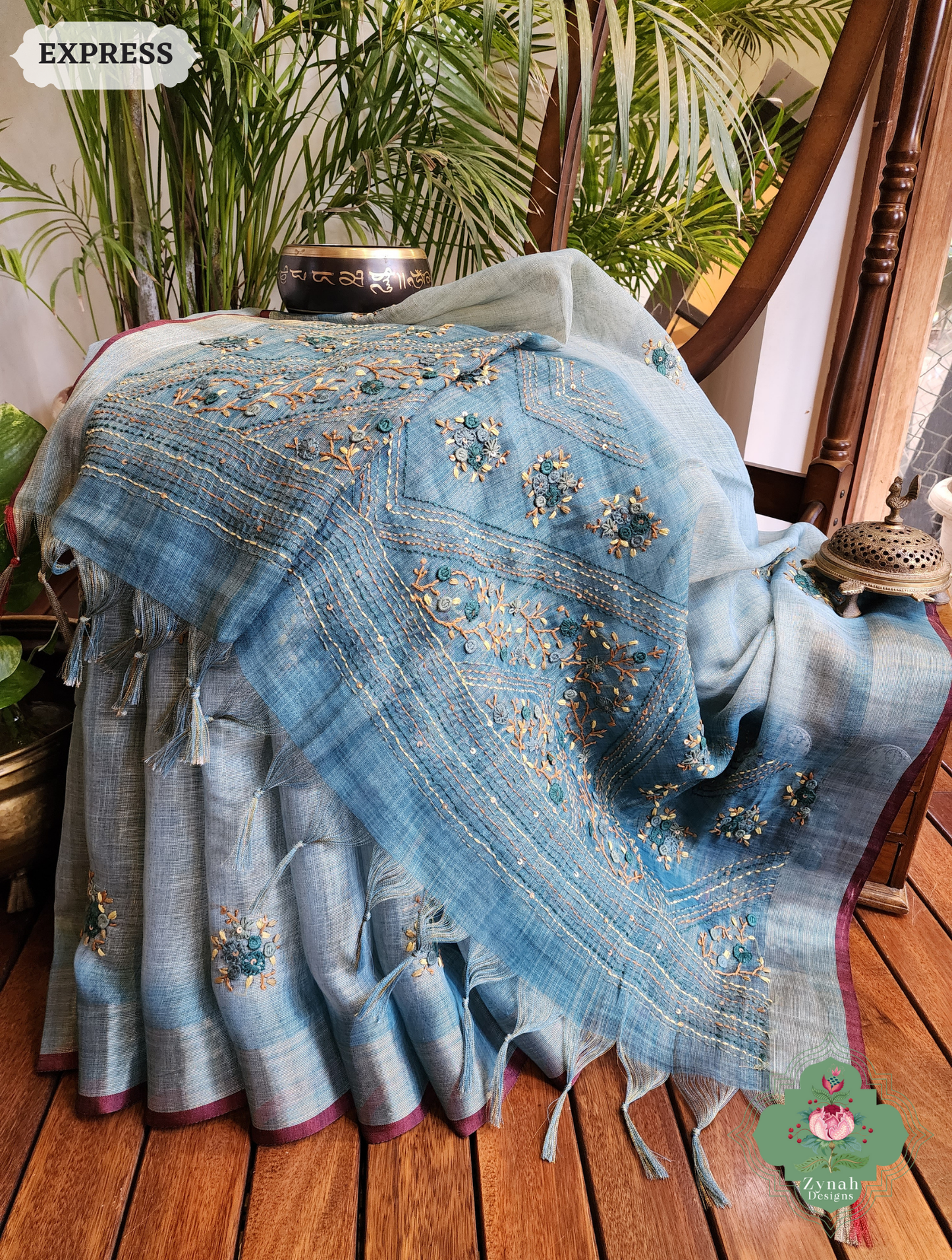 Zynah Ice Blue Linen Tissue Saree Adorned With French-knot & Kantha Hand Embroidery; Custom Stitched/Ready-made Blouse, Fall, Petticoat; SKU: 1903202503