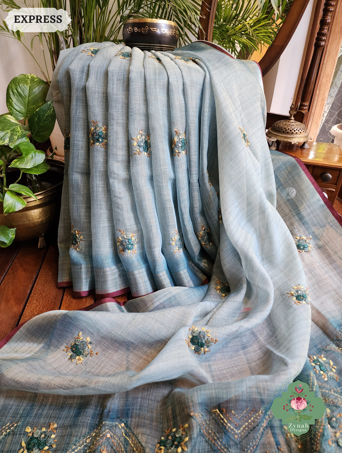 Zynah Ice Blue Linen Tissue Saree Adorned With French-knot & Kantha Hand Embroidery; Custom Stitched/Ready-made Blouse, Fall, Petticoat; SKU: 1903202503