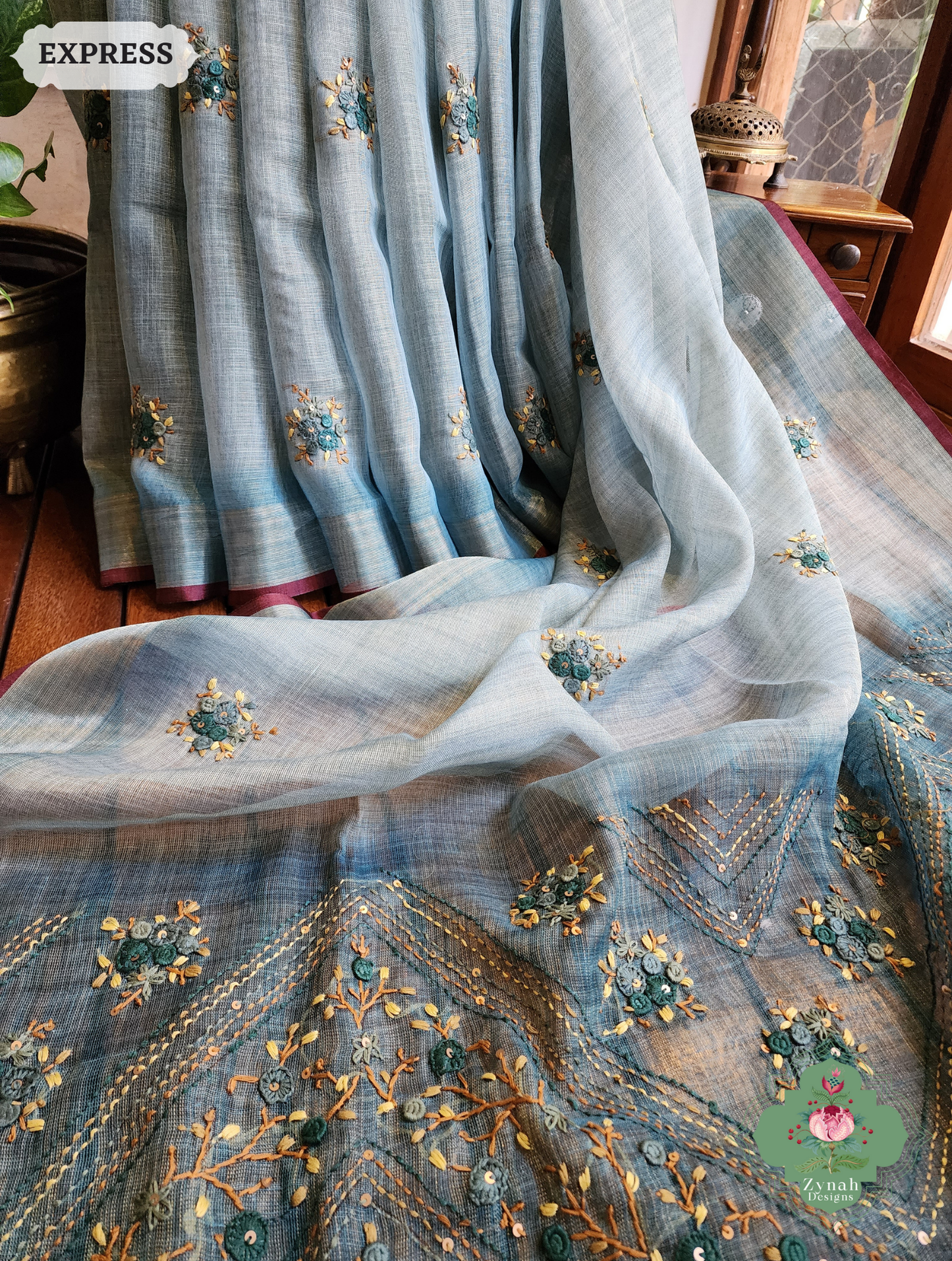 Zynah Ice Blue Linen Tissue Saree Adorned With French-knot & Kantha Hand Embroidery; Custom Stitched/Ready-made Blouse, Fall, Petticoat; SKU: 1903202503
