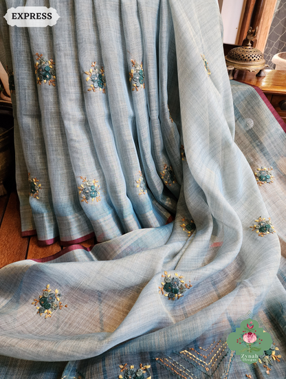Zynah Ice Blue Linen Tissue Saree Adorned With French-knot & Kantha Hand Embroidery; Custom Stitched/Ready-made Blouse, Fall, Petticoat; SKU: 1903202503