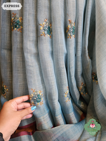 Zynah Ice Blue Linen Tissue Saree Adorned With French-knot & Kantha Hand Embroidery; Custom Stitched/Ready-made Blouse, Fall, Petticoat; SKU: 1903202503