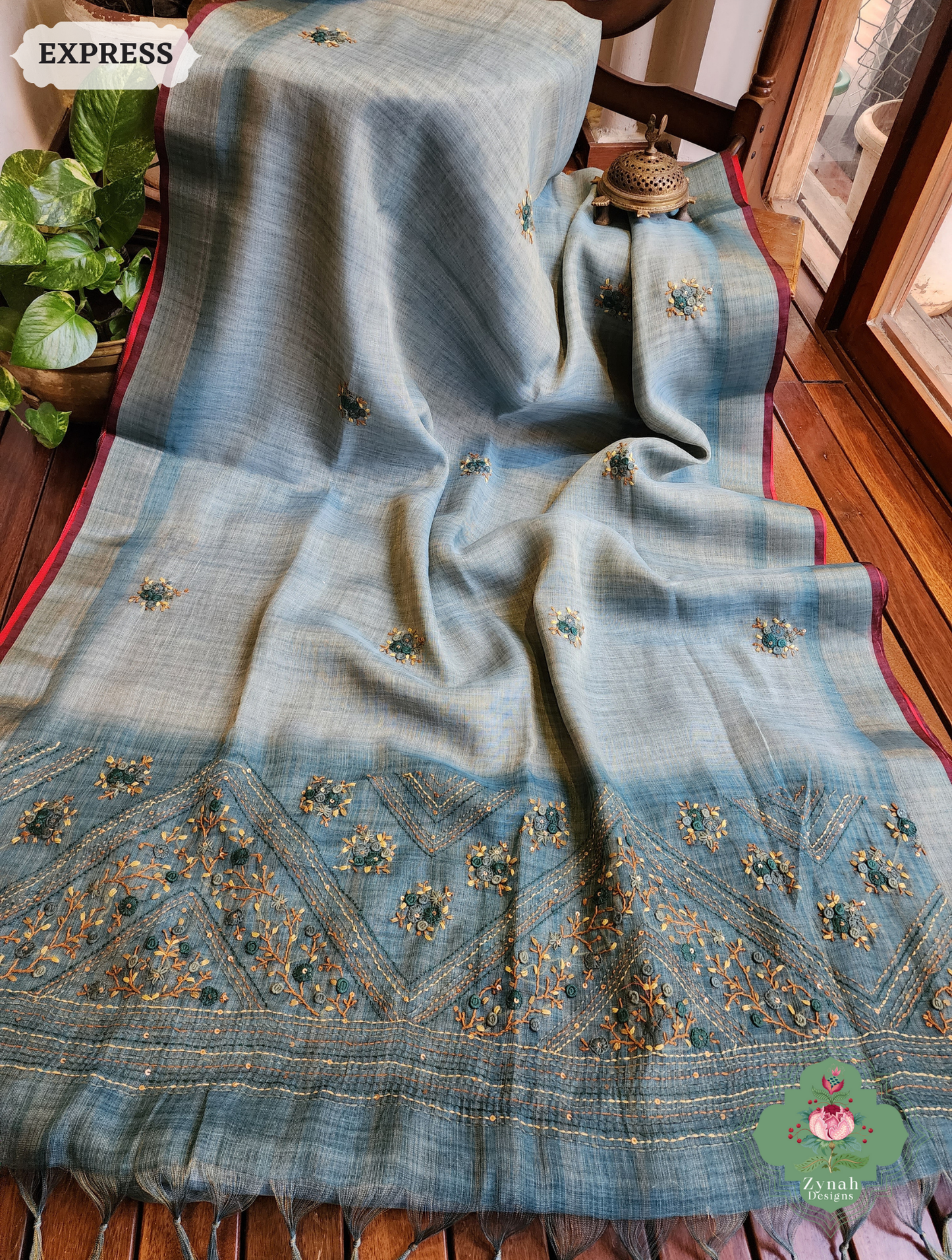 Zynah Ice Blue Linen Tissue Saree Adorned With French-knot & Kantha Hand Embroidery; Custom Stitched/Ready-made Blouse, Fall, Petticoat; SKU: 1903202503