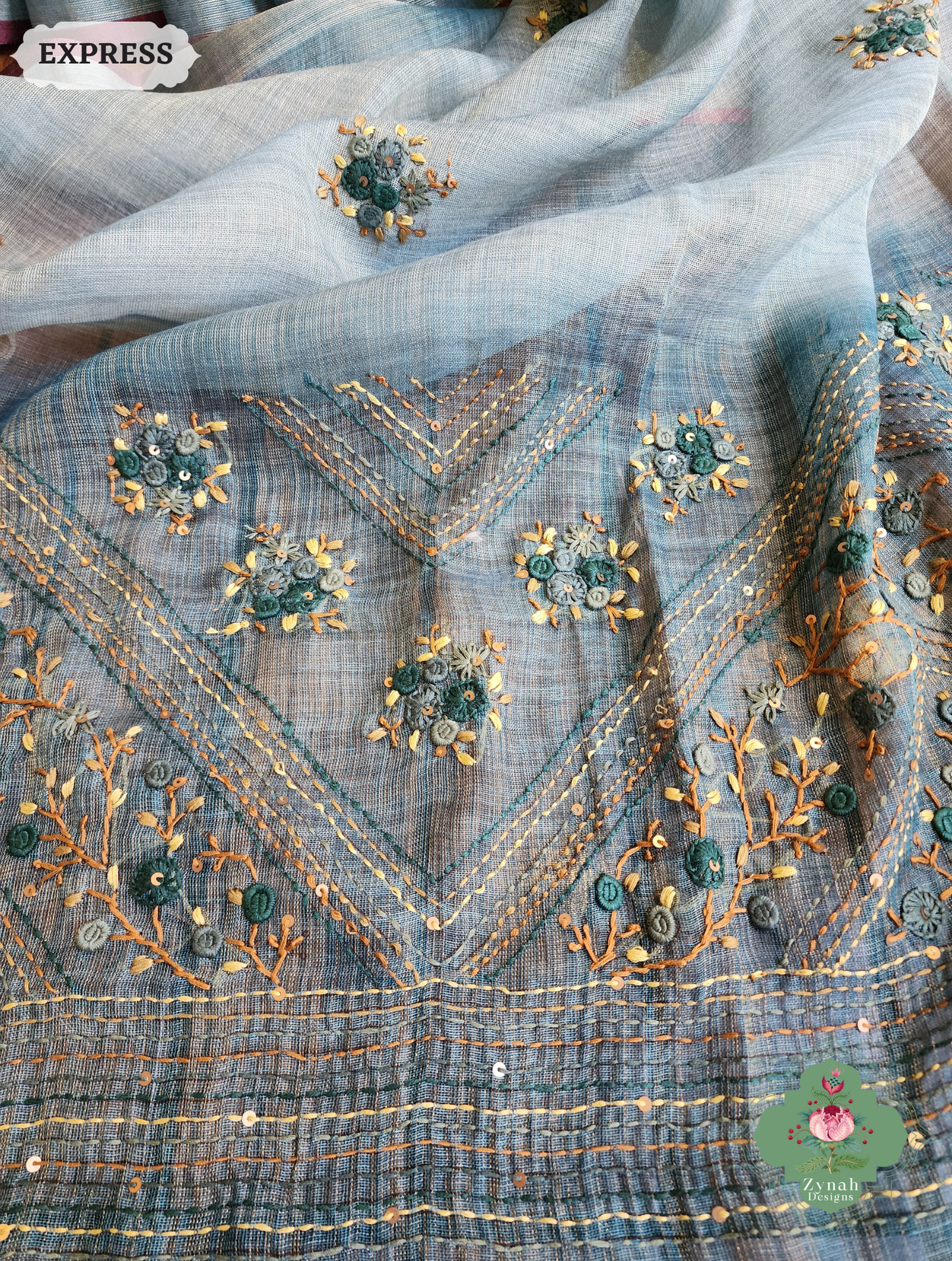 Zynah Ice Blue Linen Tissue Saree Adorned With French-knot & Kantha Hand Embroidery; Custom Stitched/Ready-made Blouse, Fall, Petticoat; SKU: 1903202503