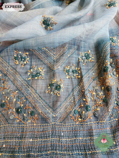 Zynah Ice Blue Linen Tissue Saree Adorned With French-knot & Kantha Hand Embroidery; Custom Stitched/Ready-made Blouse, Fall, Petticoat; SKU: 1903202503