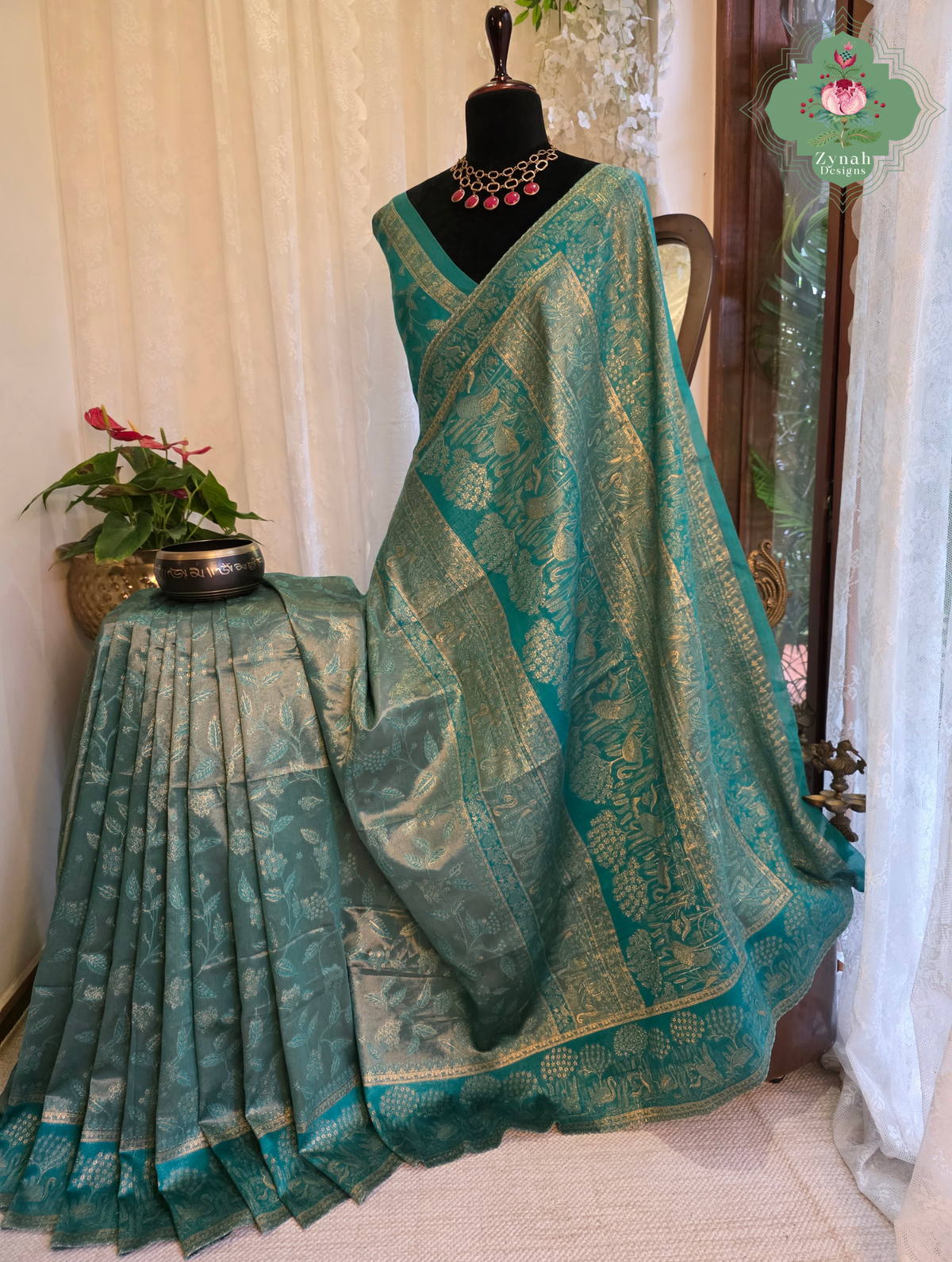 Inayat | Turquoise Blue & Antique Gold Kashmiri Pure Kani Tissue Silk Jamavar Weave Saree | Made To Order