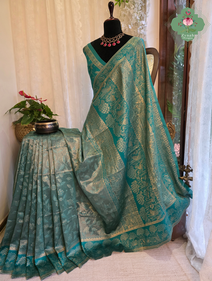 Inayat | Turquoise Blue & Antique Gold Kashmiri Pure Kani Tissue Silk Jamavar Weave Saree | Made To Order