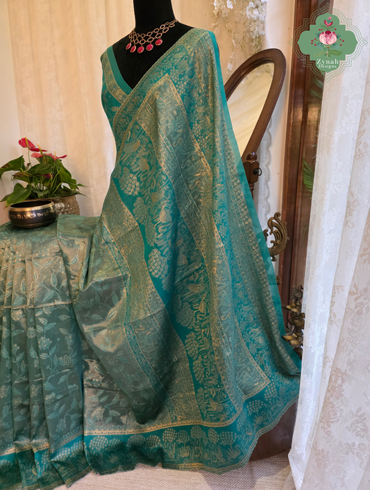 Inayat | Turquoise Blue & Antique Gold Kashmiri Pure Kani Tissue Silk Jamavar Weave Saree | Made To Order