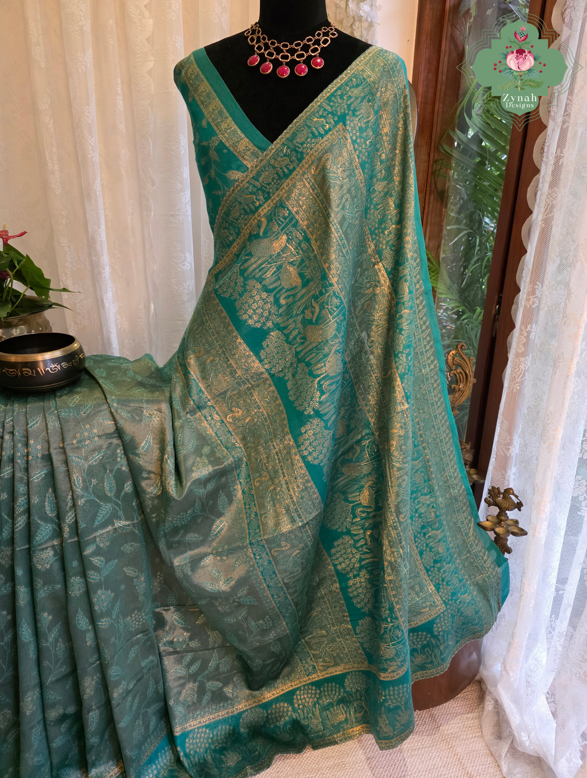 Inayat | Turquoise Blue & Antique Gold Kashmiri Pure Kani Tissue Silk Jamavar Weave Saree | Made To Order