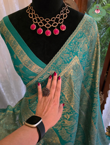Inayat | Turquoise Blue & Antique Gold Kashmiri Pure Kani Tissue Silk Jamavar Weave Saree | Made To Order