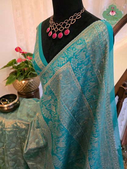 Inayat | Turquoise Blue & Antique Gold Kashmiri Pure Kani Tissue Silk Jamavar Weave Saree | Made To Order