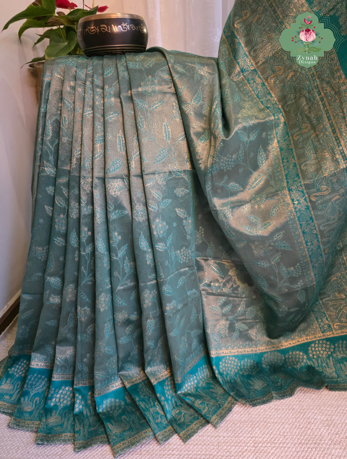 Inayat | Turquoise Blue & Antique Gold Kashmiri Pure Kani Tissue Silk Jamavar Weave Saree | Made To Order