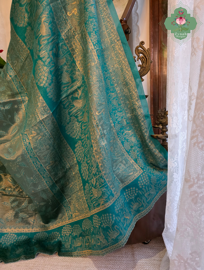 Inayat | Turquoise Blue & Antique Gold Kashmiri Pure Kani Tissue Silk Jamavar Weave Saree | Made To Order