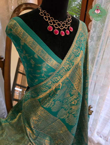 Inayat | Turquoise Blue & Antique Gold Kashmiri Pure Kani Tissue Silk Jamavar Weave Saree | Made To Order