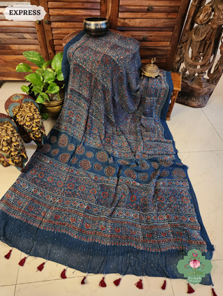 Zynah Indigo Hand-Block Printed Georgette Silk Ajrakh Saree with Sequins Highlight; Custom Stitched/Ready-made Blouse, Fall, Petticoat; SKU: 1004202507