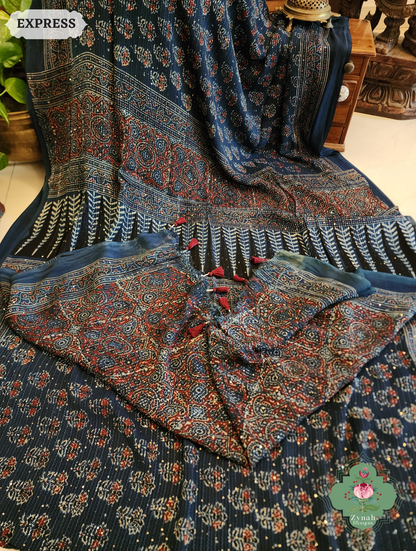Zynah Indigo Hand-Block Printed Georgette Silk Ajrakh Saree with Sequins Highlight; Custom Stitched/Ready-made Blouse, Fall, Petticoat; SKU: 1004202510