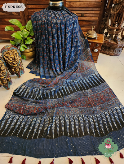 Zynah Indigo Hand-Block Printed Georgette Silk Ajrakh Saree with Sequins Highlight; Custom Stitched/Ready-made Blouse, Fall, Petticoat; SKU: 1004202510