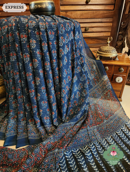Zynah Indigo Hand-Block Printed Georgette Silk Ajrakh Saree with Sequins Highlight; Custom Stitched/Ready-made Blouse, Fall, Petticoat; SKU: 1004202510