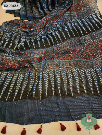 Zynah Indigo Hand-Block Printed Georgette Silk Ajrakh Saree with Sequins Highlight; Custom Stitched/Ready-made Blouse, Fall, Petticoat; SKU: 1004202510