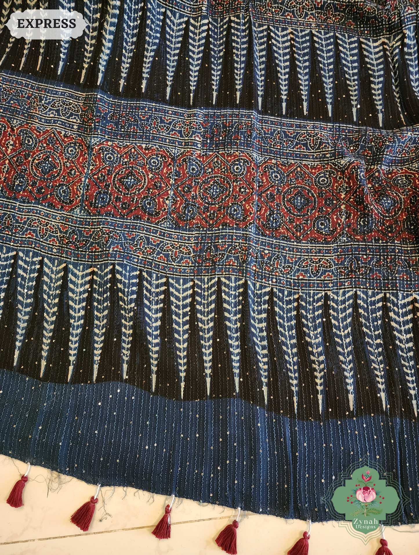 Zynah Indigo Hand-Block Printed Georgette Silk Ajrakh Saree with Sequins Highlight; Custom Stitched/Ready-made Blouse, Fall, Petticoat; SKU: 1004202510