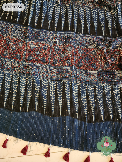 Zynah Indigo Hand-Block Printed Georgette Silk Ajrakh Saree with Sequins Highlight; Custom Stitched/Ready-made Blouse, Fall, Petticoat; SKU: 1004202510
