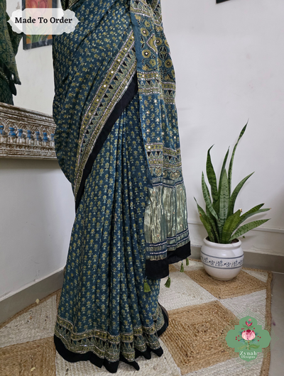 Zynah Made To Order Indigo Ajrakh Modal Silk Saree With Lagdi Patta Pallu & Hand Embellishments; Custom Stitched/Ready-made Blouse, Fall, Petticoat; SKU:1909202508