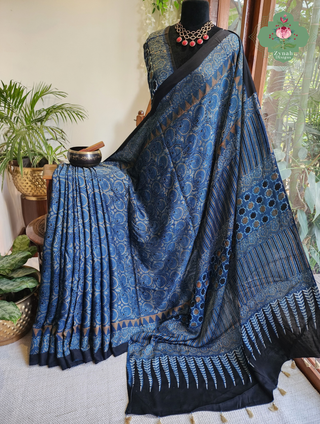 Zynah Made To Order Indigo Ajrakh Modal Silk Saree Crafted Using The Traditional Method Of Hand Block Printing Using 100% Natural Dyes; Custom Stitched/Ready-made Blouse, Fall, Petticoat; SKU:1103202604