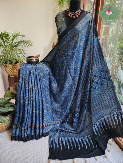 Zynah Made To Order Indigo Ajrakh Modal Silk Saree Crafted Using The Traditional Method Of Hand Block Printing Using 100% Natural Dyes; Custom Stitched/Ready-made Blouse, Fall, Petticoat; SKU:1103202604
